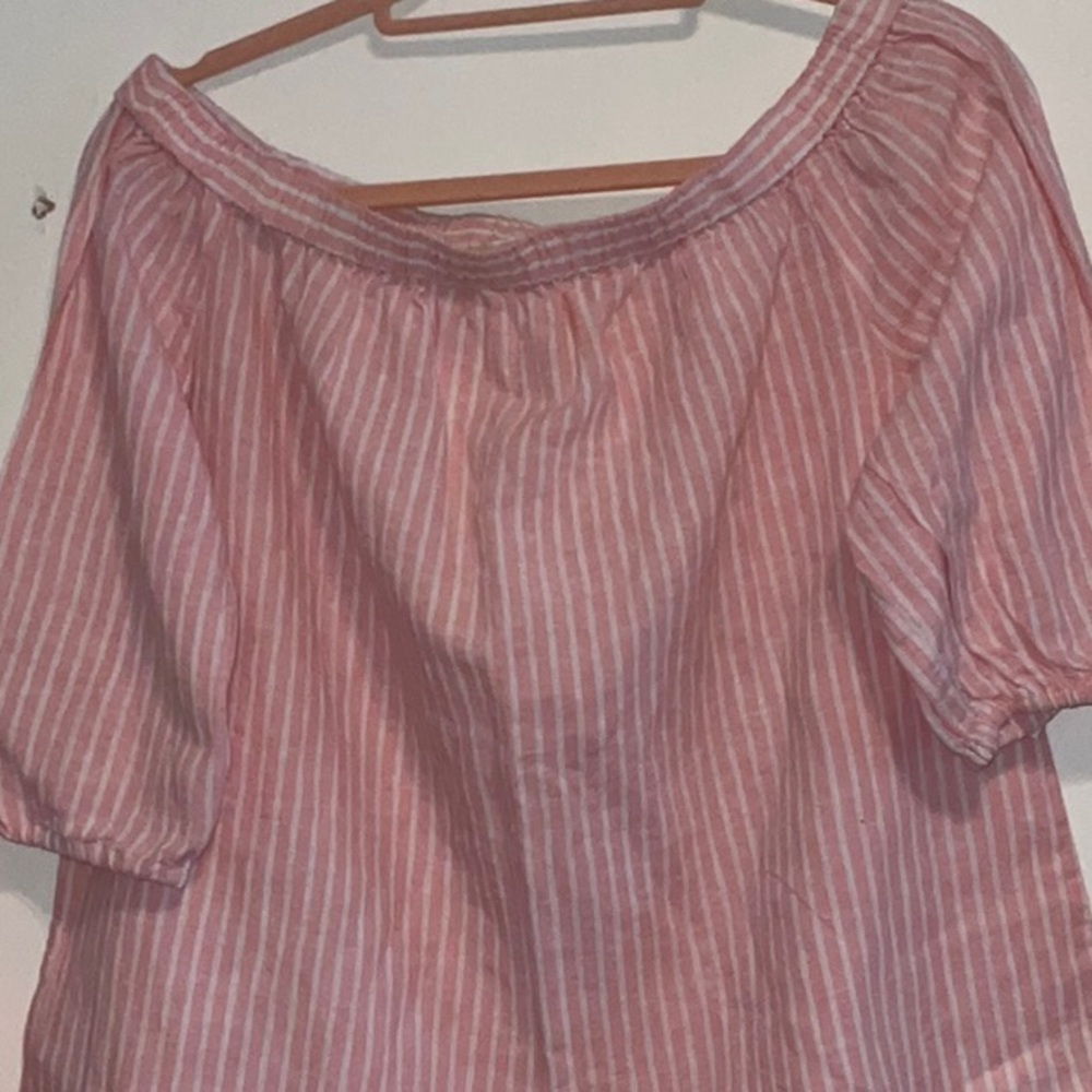 Michael Kors Pink and White Striped Linen Cotton Blend Off the shoulder Top M - Picture 2 of 5